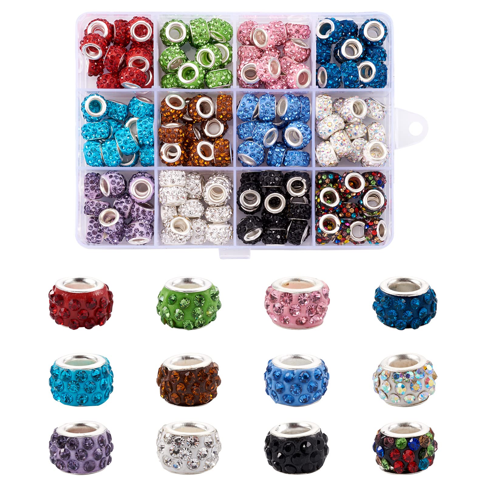 PandaHall 180pcs Crystal Rhinestones European Beads 12 Colors Large Hole Rondelle Spacer Loose Beads with Silver Color Core Fit European Snake Chain Charm Bracelets