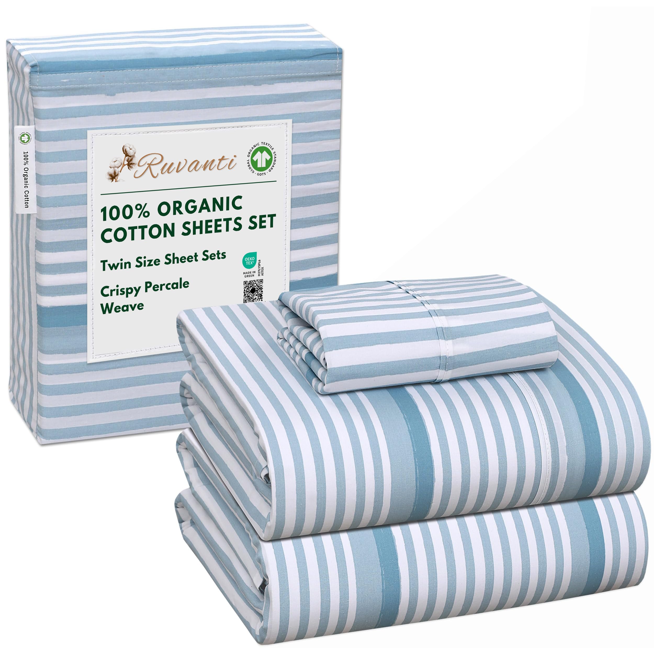 Photo 1 of RUVANTI 100% Organic Cotton Sheets Twin Size, Percale Weave, GOTS Certified, 3-Piece Set, Deep Pocket 15", Crisp & Breathable, Soft Durable Bedding, Sábanas Algodón Orgánico – Nautical Stripes