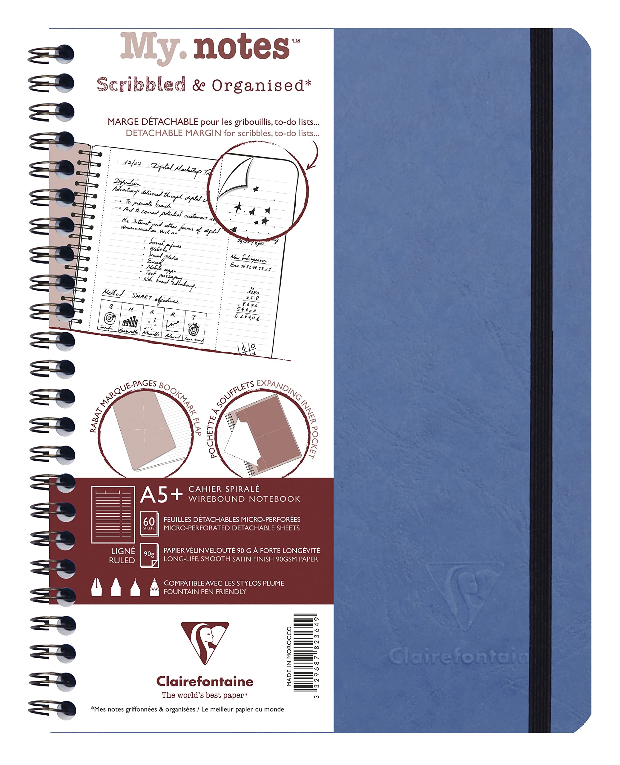 Clairefontaine 782364C Age Bag Collection MyNotes Blue Detachable Margin Spiral Notebook A5+ 16x21cm - 120 Lined Detachable Pages - 90gsm White - Leather Cover