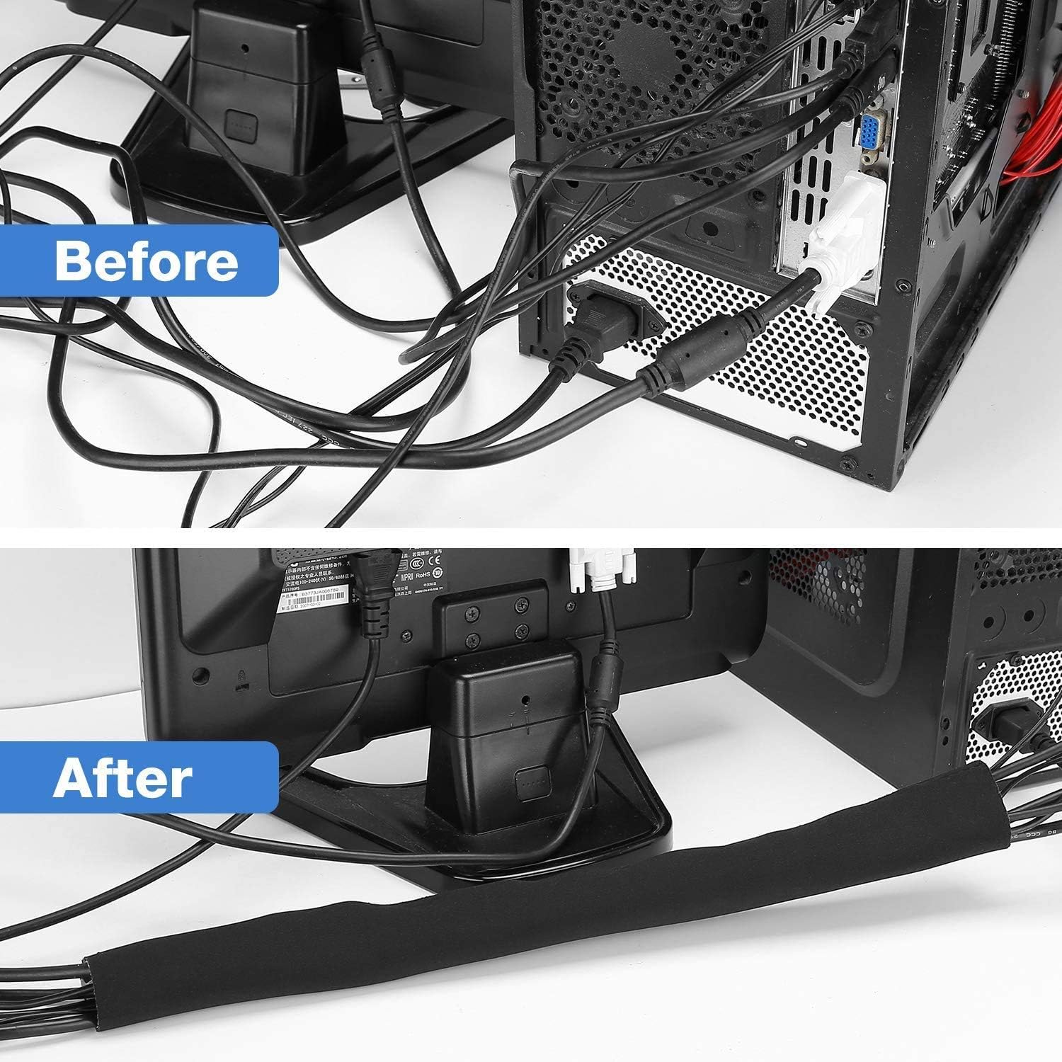 JOTO 10.83ft Cable Management Sleeve, Cuttable Neoprene Cord Management Organizer System, Flexible Cable Wrap Cover Wire Hider for Desk TV Computer Office Home Theater -Reversible Black/White, Large: Home Improvement
