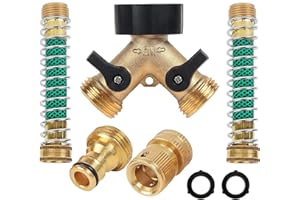 DTRK Brass Hose Splitter 2 Way, 3/4" Heavy Duty Garden Hose Splitter, Water Hose Splitter with 2Pc Hose Protectors Kink Free Hose Extension, 1 Set Garden Hose Quick Connectors