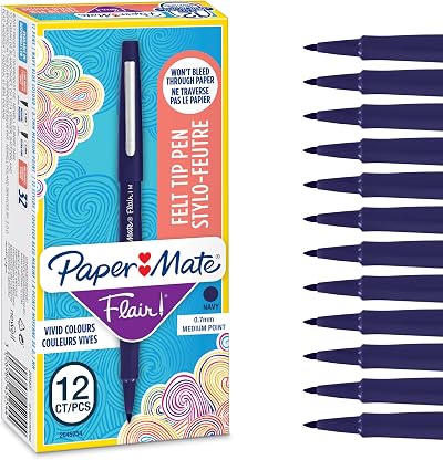 Paper Mate Flair Felt Tip Pens Medium Point Navy Blue 12 Count