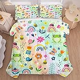 FUYEUN Rainbow Comforter Sets Twin Size Cartoon Floral Frogs Bedding Set for Girls Kids Children Boys Butterfly Flowers Bees Insects Cute Kawaii Quilt 1 Comforter + 1 Pillow Case