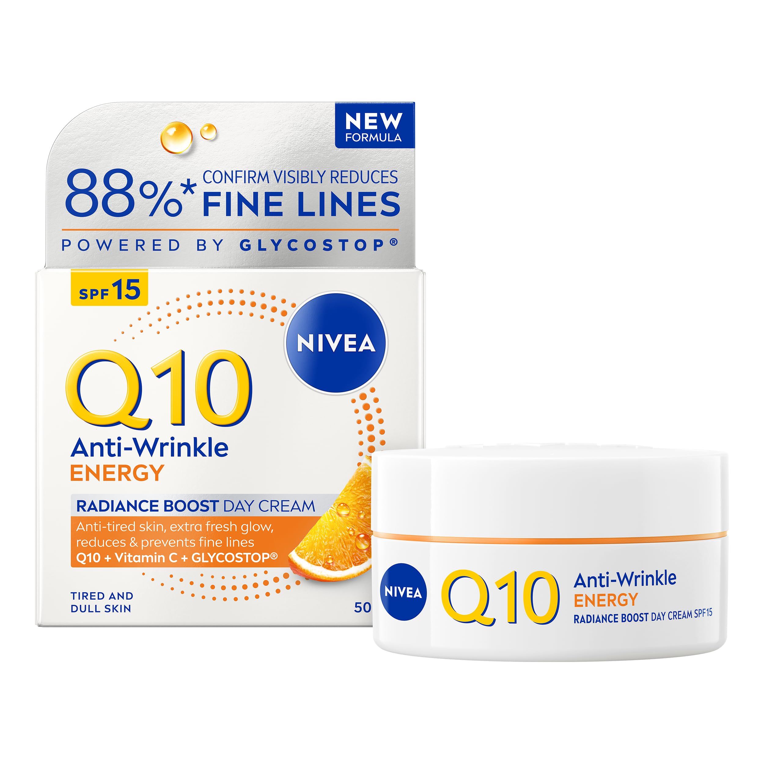 NIVEA Q10 Anti-Wrinkle Energy Radiance Boost Day Cream SPF 15 (50ml), Fast absorbing Anti-Wrinkle Moisturiser with Vitamin C, Day Cream for immediately refreshed and healthy glowing skin