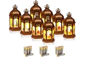 Reperla Christmas Lantern Decorative, 8PCS LED Flame Effect Lanterns with Timer, Battery Included, Christmas Table Centerpieces, 7.8" Vintage Mini Lanterns Decorative for Porch Decor, Xmas Ornaments