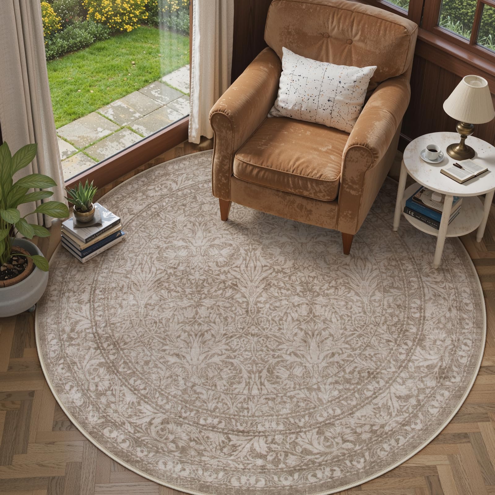 Photo 1 of Lahome Floral Round Rug, Round Washable Rug for Bedroom Living Room, Vintage Boho Non Slip Non Shedding Stain Resistant Circle Carpet for Dorm Office Entry, Light Brown