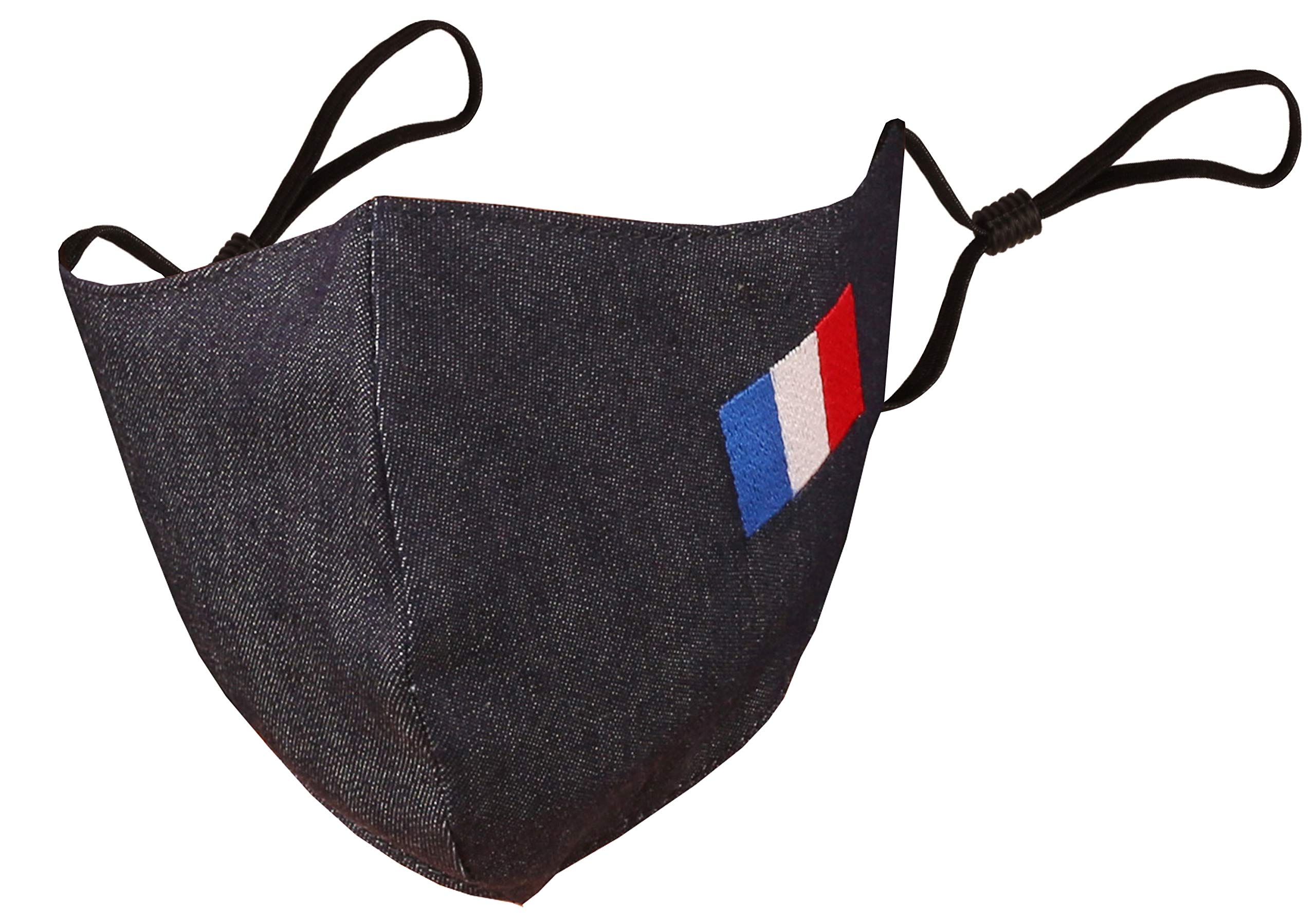 Touchstone Kids French Flag embroidered 3 layer cotton face masks reusable machine washable adjustable for children. (Pack of 1). Dark Denim Grey