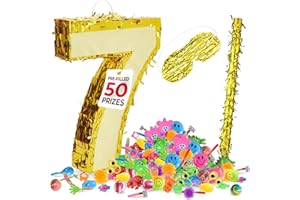 HOMEIFY Gold Foil Number 7 Pinata for Birthday Party for Girls & Boys with Gold Blindfold and Stick, Prefilled with 50 Party Favors Prizes for Kids, 7th Birthday Party Decorations