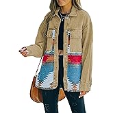 Lumister Women's Aztec Denim Jacket Distressed Lapel Long Sleeve Vintage Button Down Denim Jacket Shacket