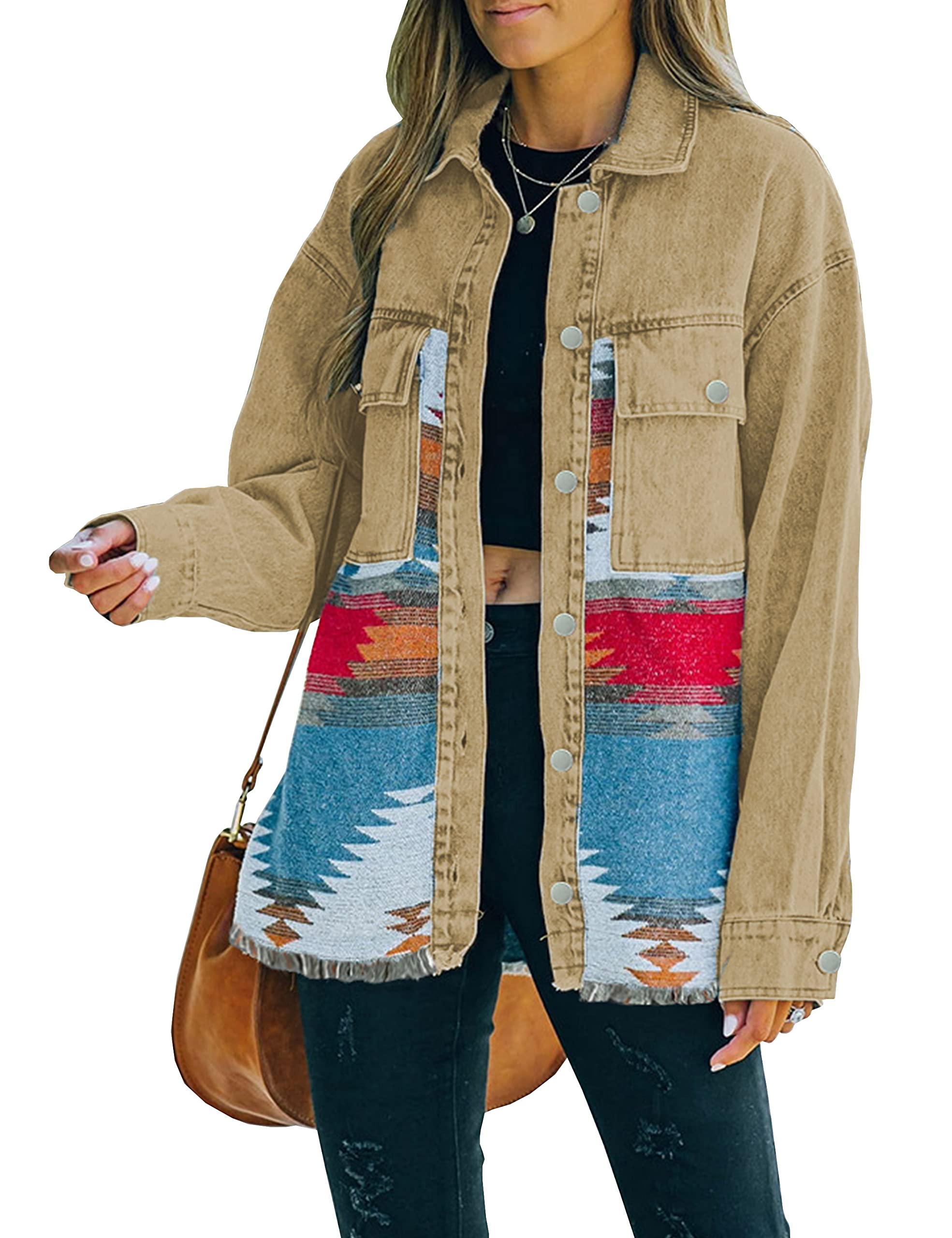 Lumister Women's Aztec Denim Jacket Distressed Long Sleeve Vintage Green Button Down Khaki Denim Jacket Shacket (0007-VintageKhaki-XL) Image