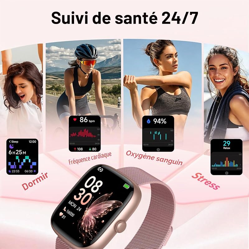 Montre Connectée Femme avec Appel Bluetooth(2 Bracelets),1.83"HD Smartwatch Femme avec Fréquence Cardiaque/Sommeil/SpO2, 120+ Modes Sportifs, IP68 Étanche Fitness Tracker, Montre pour iOS Android Rose — photo 3 sur 8