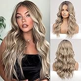 HAIRCUBE Long Ombre Ash Blonde with Highlight Lace Front Wigs for Women,Lace Wigs Natural Wavy Middle Parting Synthetic Wigs