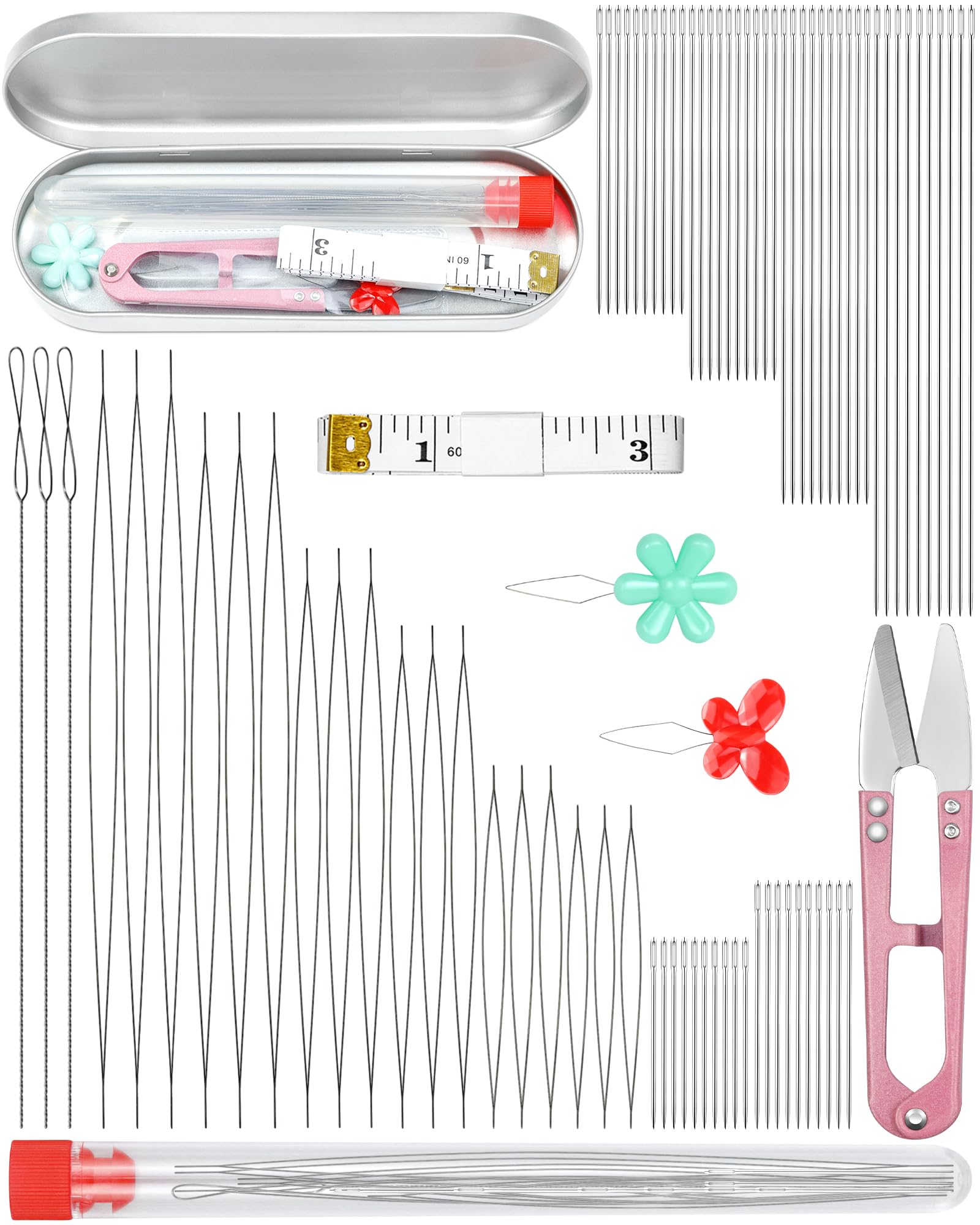 Photo 1 of FIVEIZERO 87 Pcs Beading Needles Set – 3 Types: 6 Sizes Big Eye Seed Bead Needle & 6 Sizes Long Straight, Collapsible Twisted Flexible Needle, Beading Needles for Jewelry Making