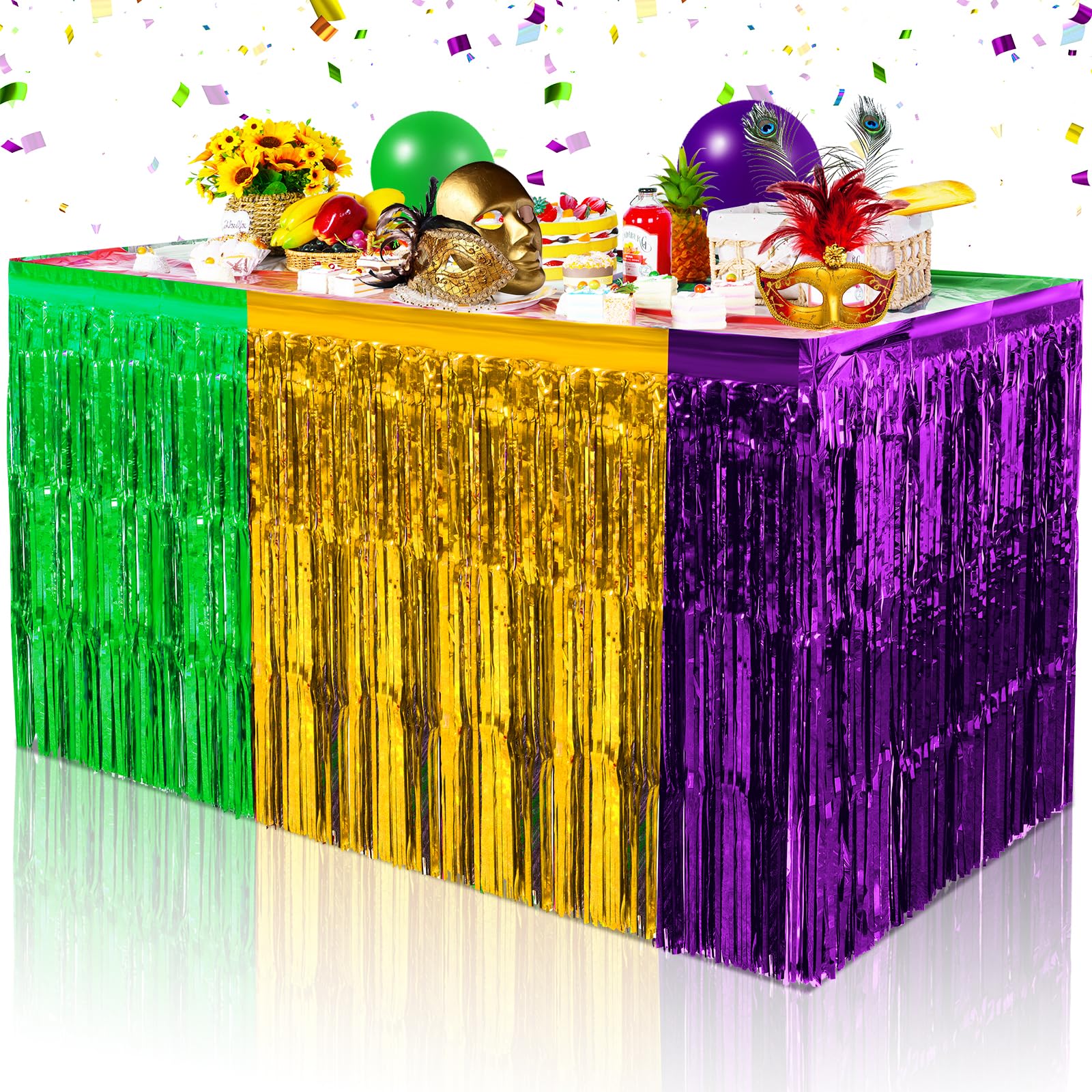 Photo 1 of 6 Pack Mardi Gras Table Skirt Decorations 30x118 Inch, Mardi Gras Purple Gold and Green Metallic Foil Fringe Tinsel Table Skirts, Mardi Gras Table Decorations for Mardi Gras Carnival Party Supplies