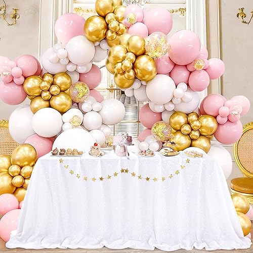QueenDream White Sequin Tablecloth Rectangle 90 x 156 Inch Table Cloth for Wedding Bridal Shower Party Decorations