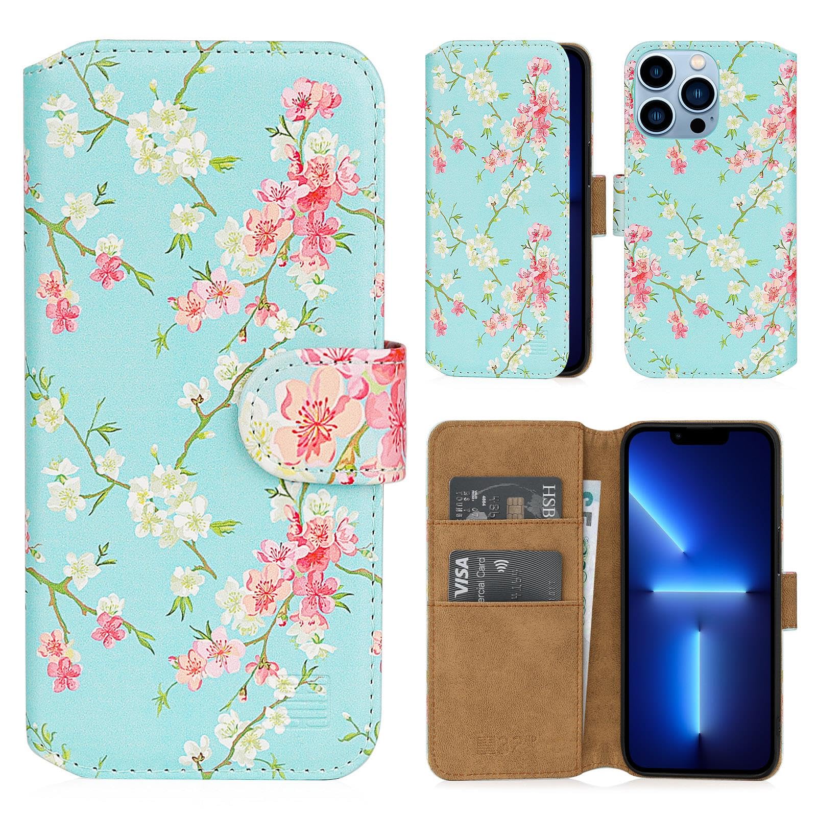 32nd Floral Series 2.0 - Design PU Leather Book Wallet Case Cover for Apple iPhone 13 Pro (6.1"), Designer Flower Pattern Wallet Style Flip Case With Card Slots - Spring Blue