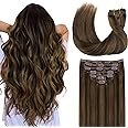 GOO GOO Clip in Hair Extensions Real Human Hair, Remy Human Hair Extensions Clip ins for Women, Natural Human Hair, 18inch 120g 7Pcs, 2C/4E/6C Brown Sugar Swirl Highlights