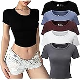 FMNNNN 5 Pack T Shirts for Women Crew Neck Short Sleeve Crop Tops Casual Basic Fitted Stretchy Tops Fashion Clothes