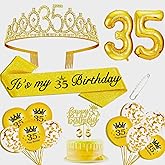 35th Birthday Decorations for Her Girls Set, Include 35th Birthday Crown and 35 Sash, 35th Birthday Cake Topper and 35 Birthday Candles, Gold 35 Balloons, Women 35th Party Supplies(Gold)