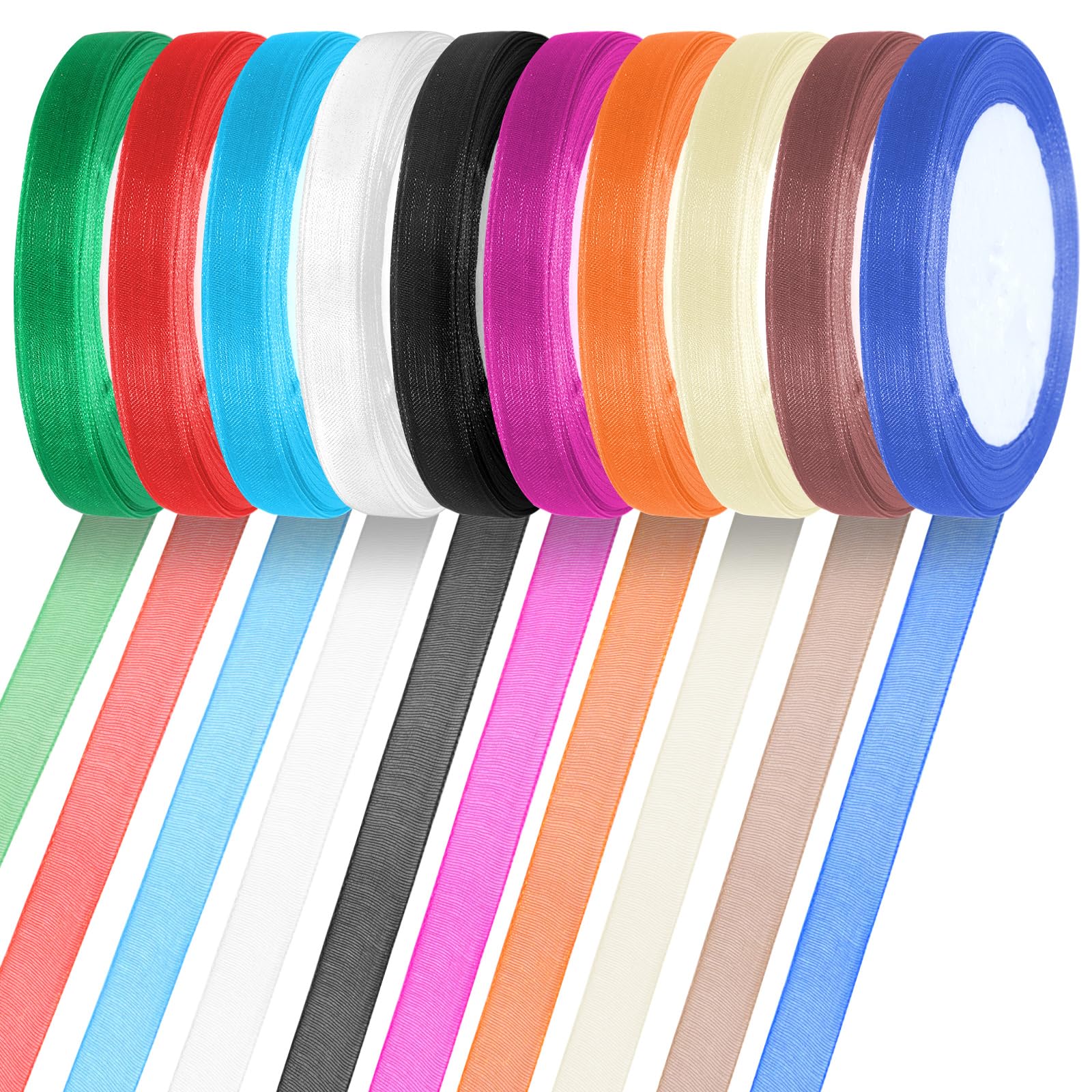 Tanstic 10Pcs 25 Yards x 2/5 Inch Organza Ribbon Chiffon Ribbon Sheer Ribbons Sheer Chiffon Ribbon Sheer Organza Ribbon Multi Color Organza Ribbon for Gift Wrapping, Bouquet