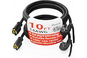 HUANCHAIN 14 Gauge 10 FT (2Pack) Flat Plug Extension Cord Black Indoor Outdoor, Heavy Duty 3 Prong Grounded Low Profile Extension Wire Flexible, 15A 1875W 125V 14AWG SJTW, ETL Listed