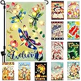 Solar Seasonal Garden Flags Set of 12, Lighted 12×18 Double-Sided Yard Flags for Outside Halloween Christmas Fall Thanksgiving Day Valentine’s Decorations Welcome Flag Outdoor Holiday Decor