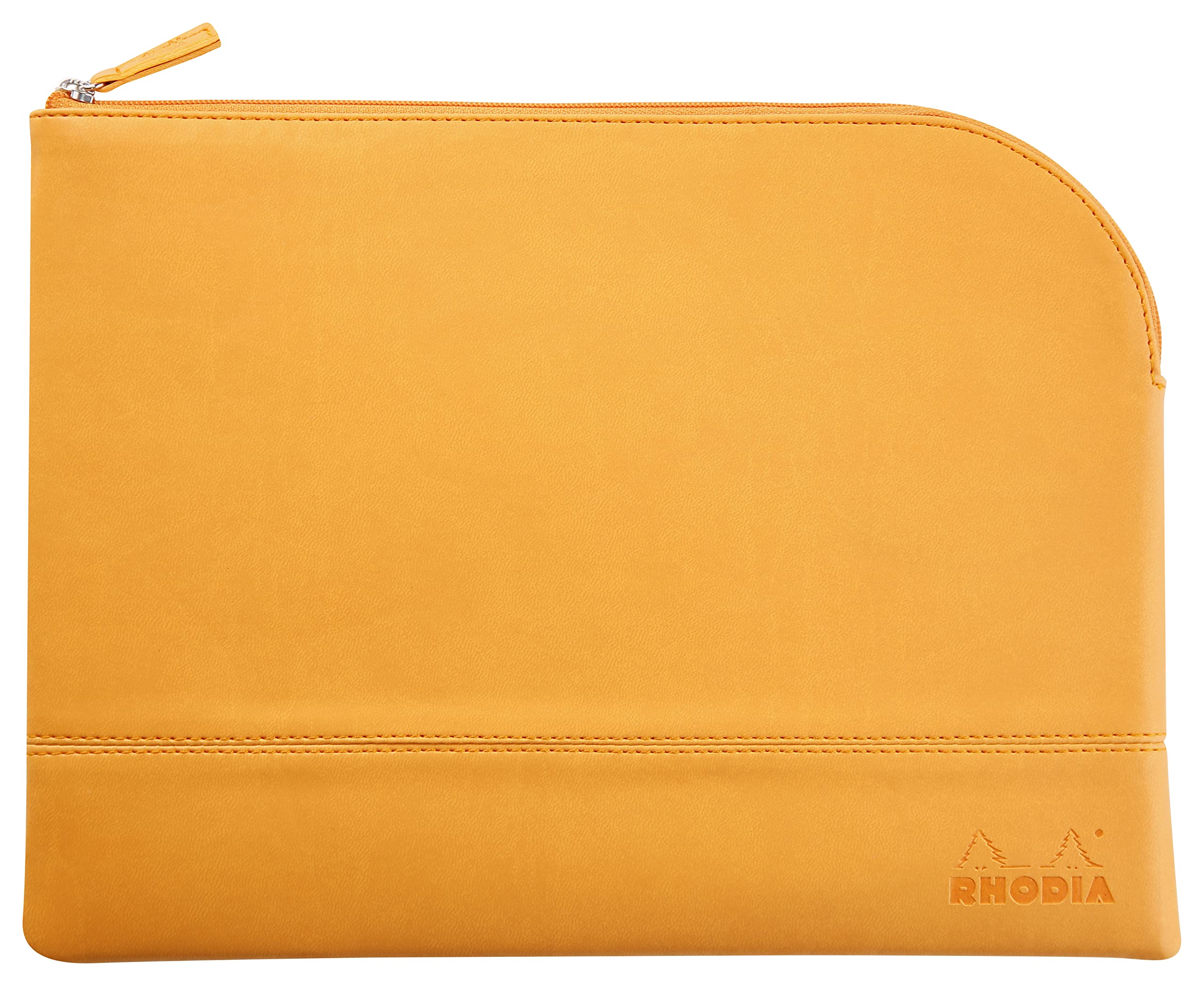RHODIA 116747C - Faux Leather Zipped Pouch - Orange - Size L (21 x 28 cm) - Genuine Stitching - Orange Fabric Interior - Storage for Documents, Small Supplies