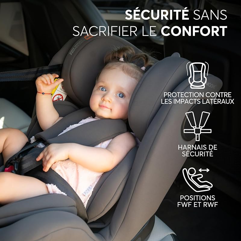 KikkaBoo Siège Auto Bébé 0 à 36 kg (40-150 cm) i-MOOVE 2, Rotation 360°, ISOFIX, i-Size, Dos & Face à la Route, Appuie-tête Réglable, Inclinable, Noir