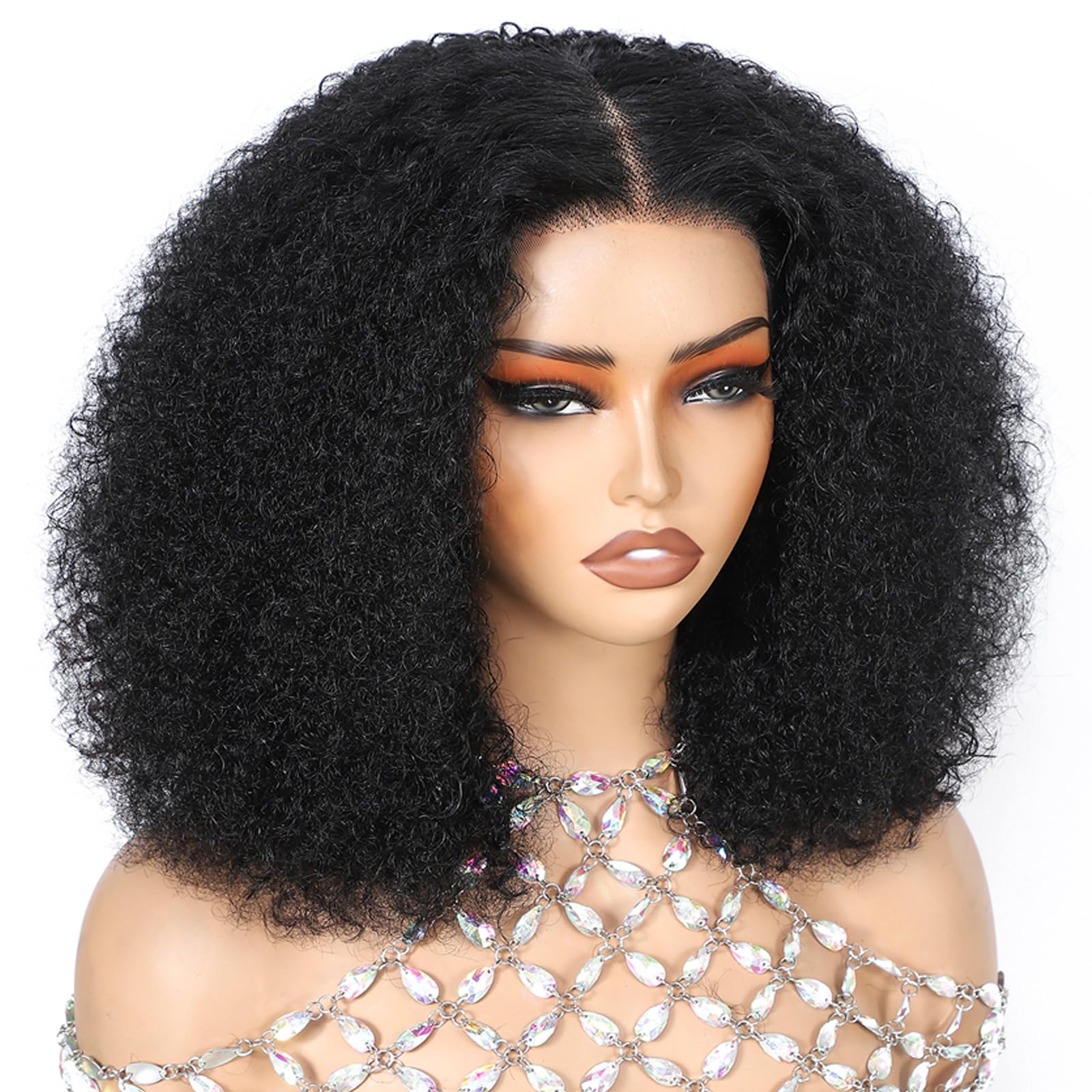 Photo 1 of ijoy Natural Black Kinky Curly Wig Human Hair 16 Inch 13x4 Lace Front Wigs 180 Density, Full and Thick Afro Curly Wigs for Black Women Brazilian Virgin Hair Bob Frontal Wig Natural Black Afro kinky
