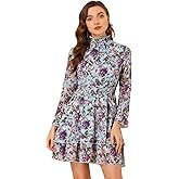 Allegra K Women's Floral Dress Chiffon Long Sleeve Mock Neck Ruffle Layered Smocked Mini Dresses