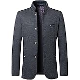 Mens Wool Blend Blazer Jacket Single Breasted Business Blazer Jacket Stand Collar Wool Blend Coat Wih Pockets