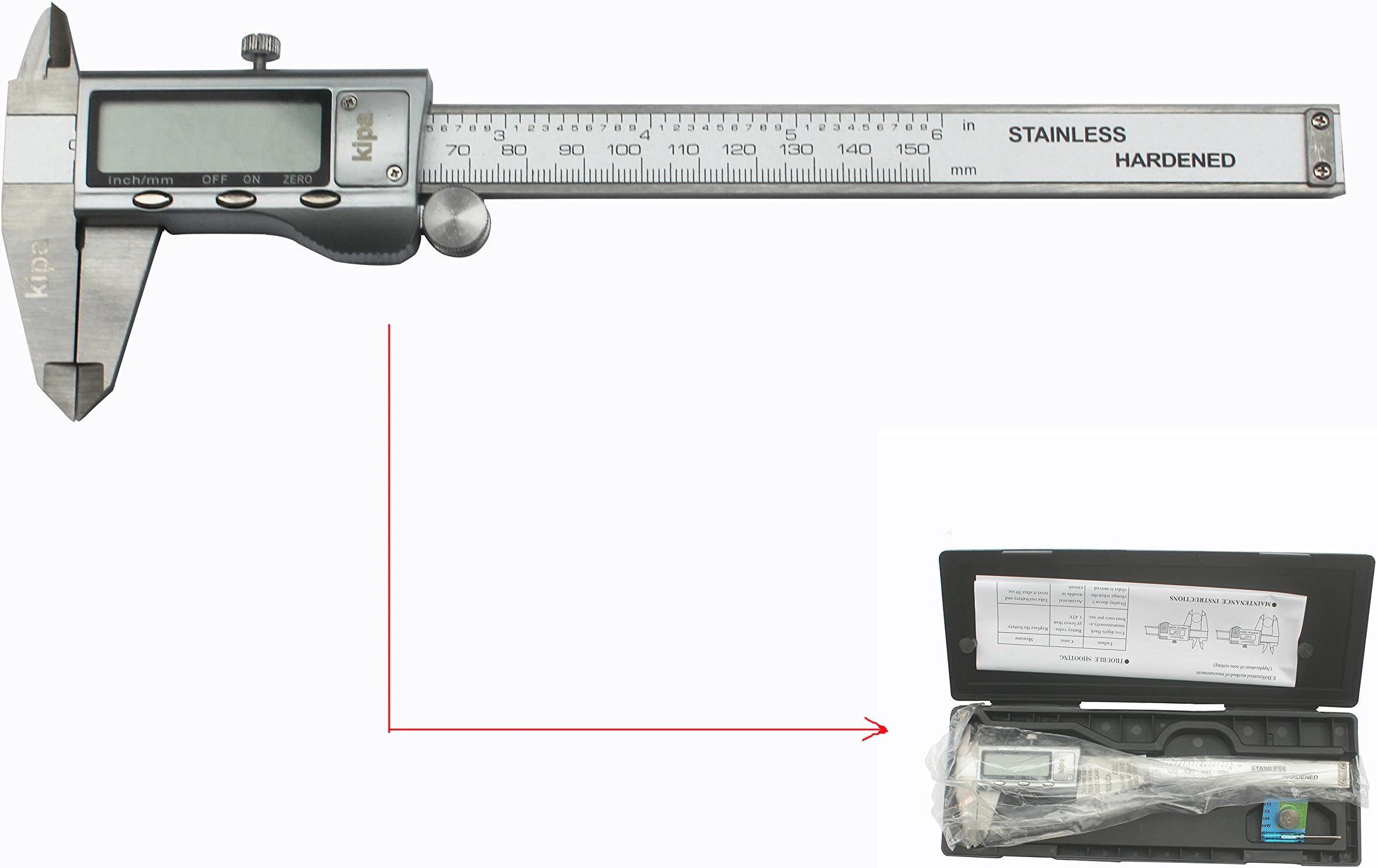 KIPA Digital Caliper 6" 150mm Stainless Steel Electronic Vernier Micrometer Guage Tool with LCD Screen Display Instant SAE Metric Conversion and Carrying Case High Accuracy Stainless Steel Caliper