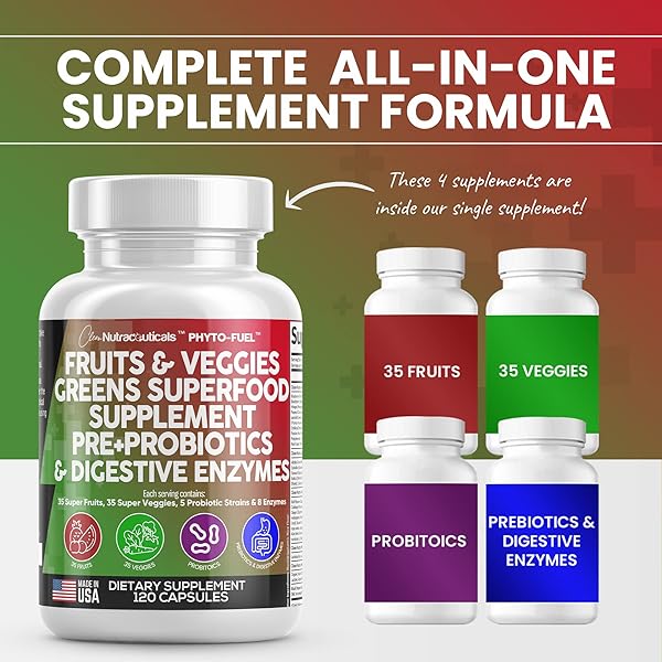 CLEAN NUTRACEUTICALS FRUITS AND VEGGIES SUPPLEMENT REDS & GREEN SUPERFOOD – BALANCE OF OVER 70 FRUIT & VEGETABLE SUPPLEMENTS CAPSULES WITH PROBIOTICS PREBIOTICS DIGESTIVE ENZYMES – 120 CT USA