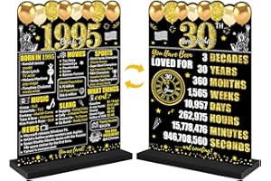 Guiruiy Black Gold 30th Birthday Decorations for Men Women, Two-Sided Vintage 30 Back in 1995 Theme Poster Wooden Table Sign with Stand, Thirty Years Old Bday Centerpieces Holder for Table Decor