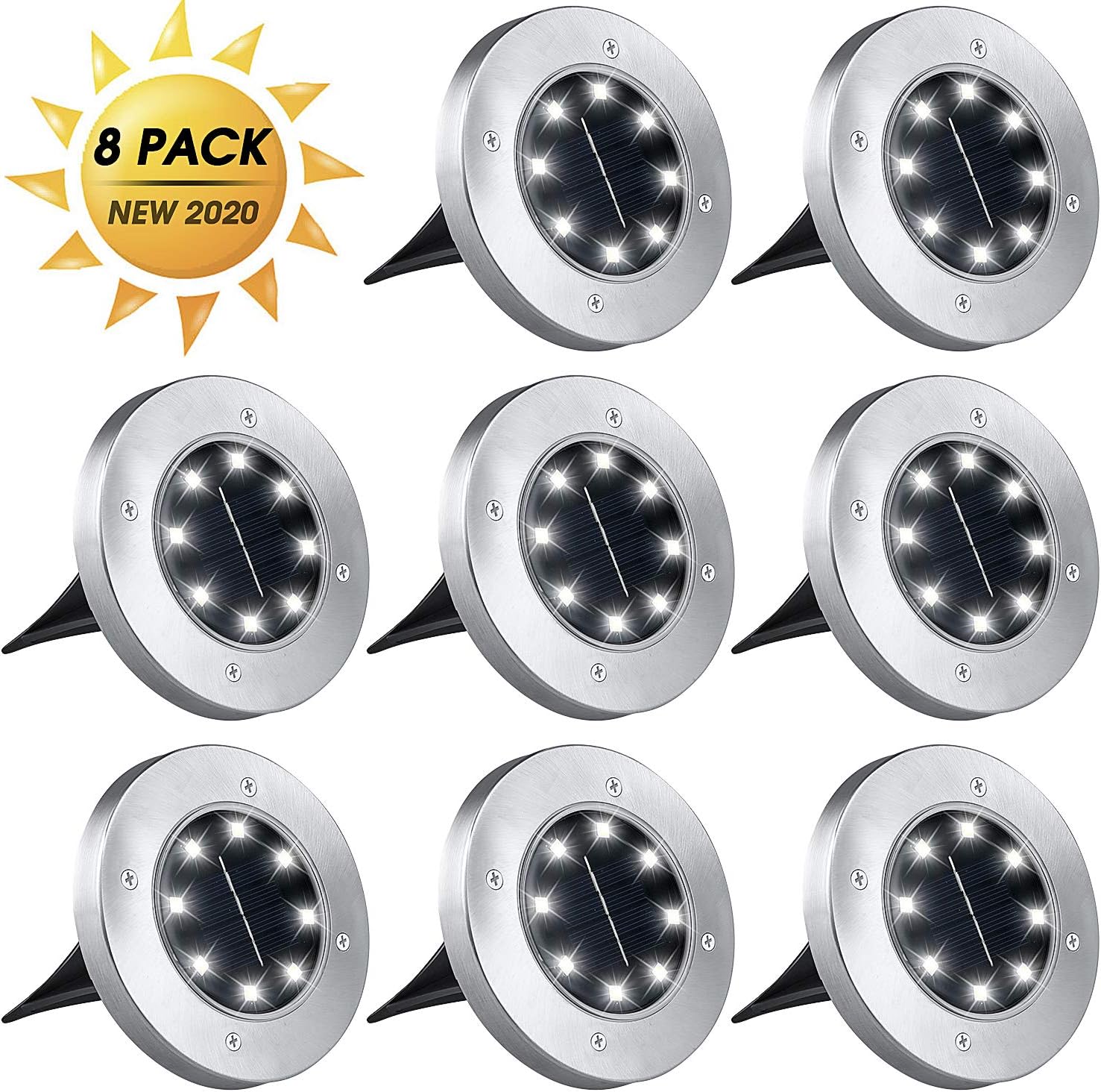 Solar Ground Lights, HOFDG 8 LED Solar Lights Outdoor, Waterproof Solar