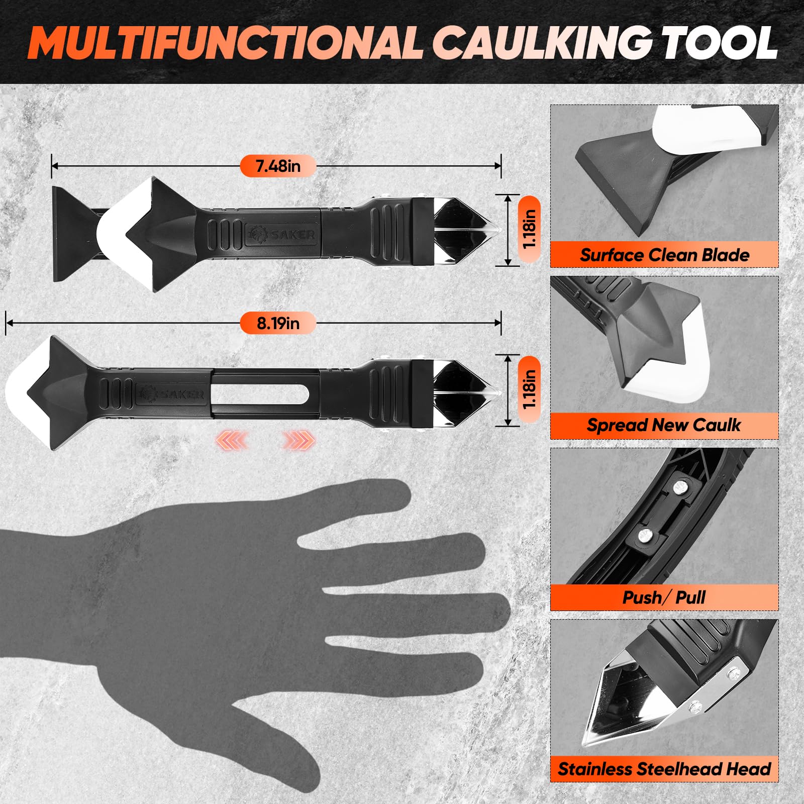 Saker Silicone Caulking Tools-3 in 1 Sealant Finishing Tool Grout Remove Scraper (Stainless Steelhead),Caulk Remover Glass Glue Angle Scraper for Bathroom,Kitchen,Floor,Window,Sink Joint,Frames Seal