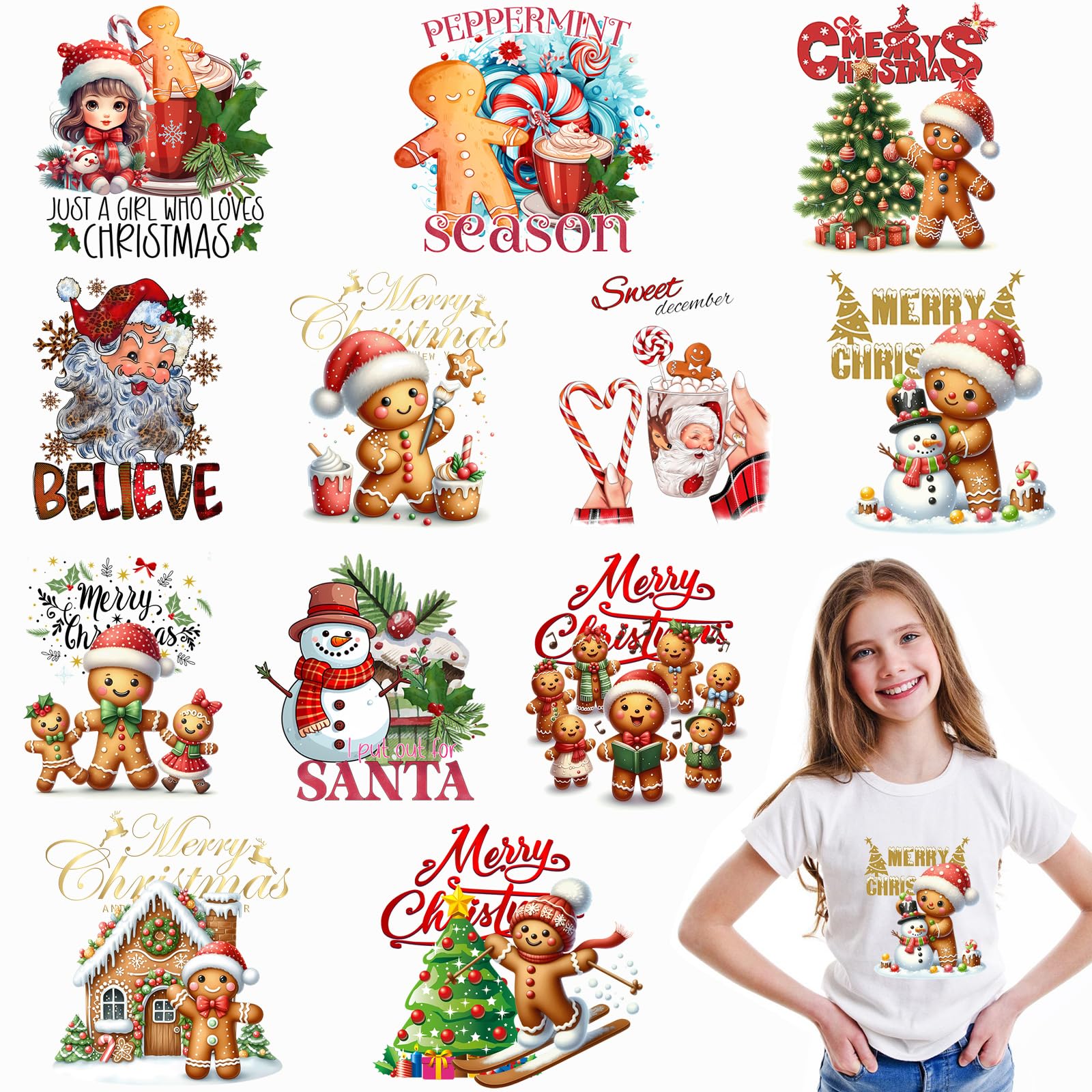 Photo 1 of 12 Sheets Christmas Heat Transfers Vinyl, Gingerbread Iron on Transfers for T-Shirts, Christmas Iron on Decals for Clothes Bag Pillow Covers DIY Decorations