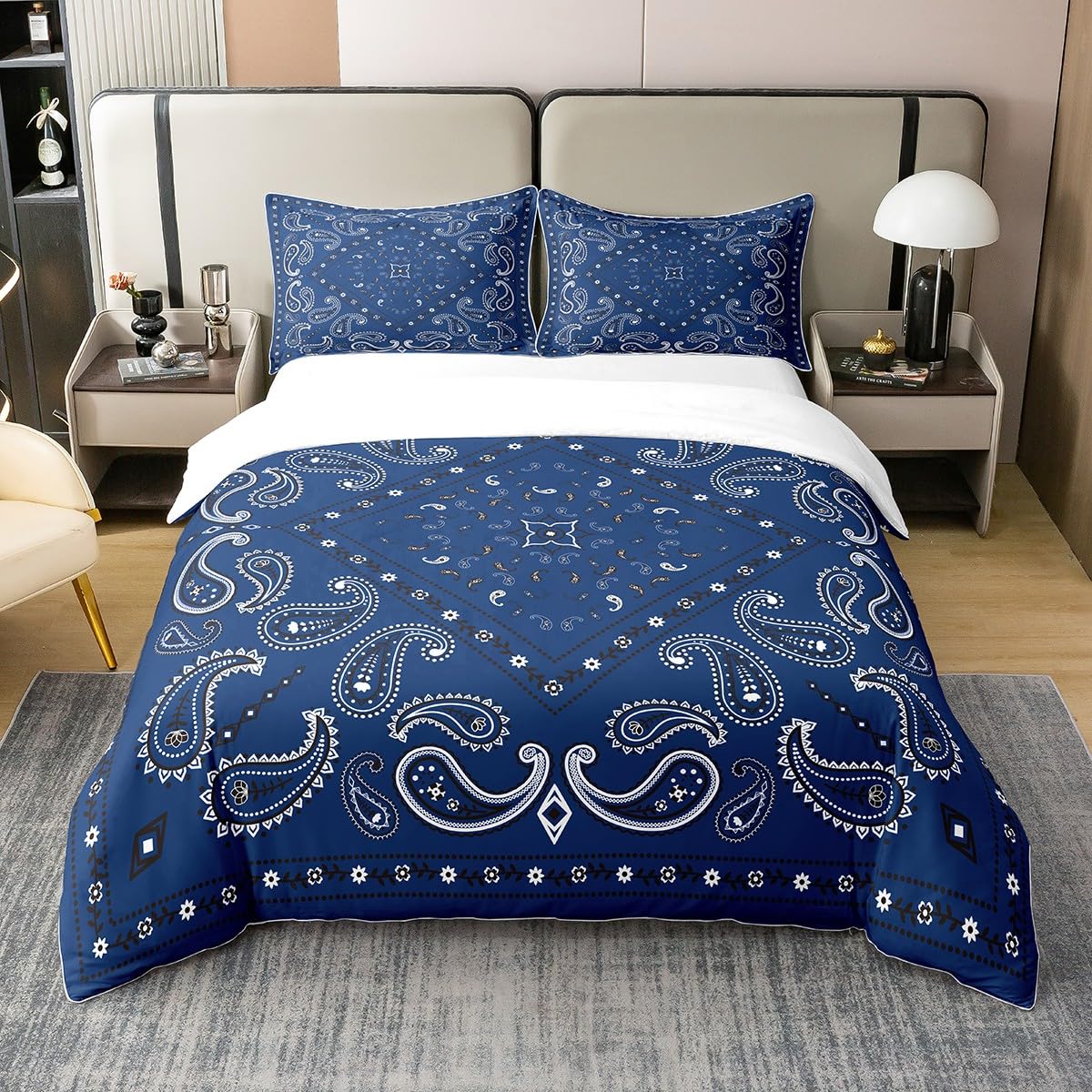 Mandala 100% Cotton Duvet Cover King Tie Dye Spiral Bedding Set Paisley Bohemian Quilt Cover Boho Chic Floral Navy Blue Breathable Decor Comforter Cover 1 Duvet Cover with 2 Pillow Cases