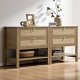 SICOTAS Night Stand Set of 2, Rattan Nightstand with Drawers and Storage Shelf - Boho Bedside Table Narrow Side Table for Bed