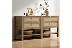 SICOTAS Night Stand Set of 2, Rattan Nightstand with Drawers and Storage Shelf - Boho Bedside Table Narrow Side Table for Bed