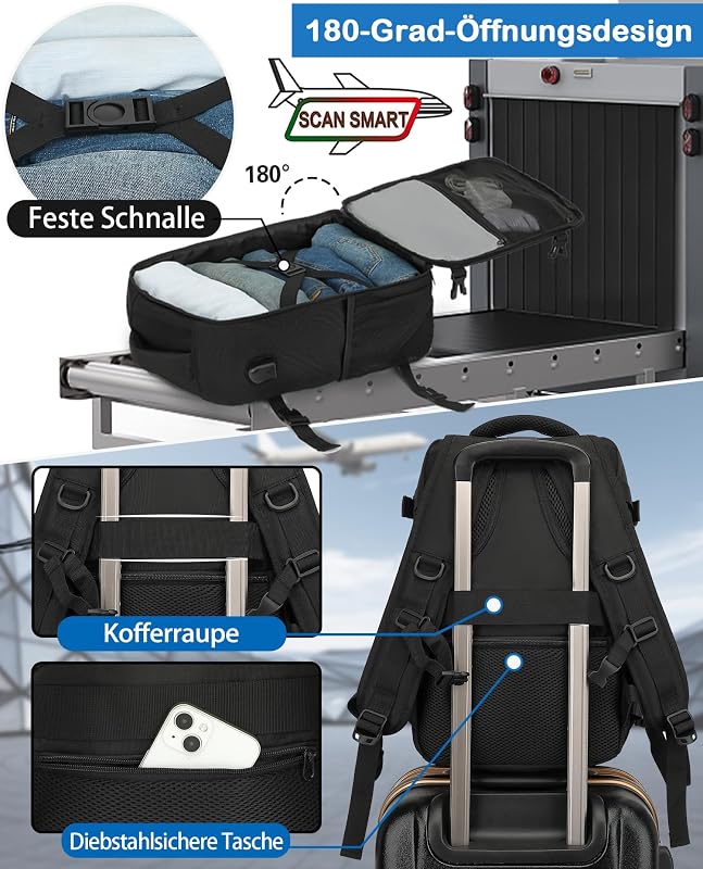 Handgepäck Rucksack 40x30x20 cm Ryanair EasyJet 24L Laptop Travelite Reiserucksack für Flugreisen Schwarz