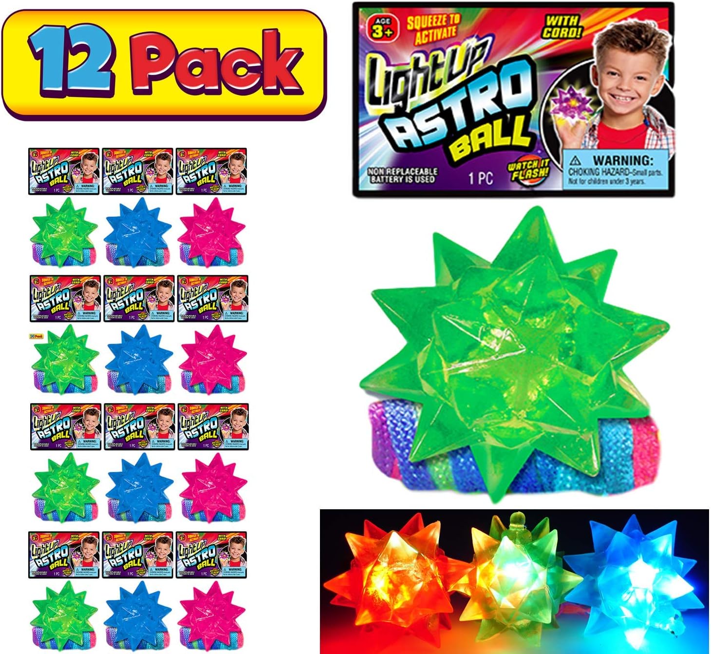 JA-RU Light Up Stretchy Soft Rubber Spike Ball with String Necklace (12