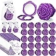 Wenqik 50 Sets Quinceanera Party Favors for Guests Rose Design Compact Pocket Mirrors Quinceanera Cards Thank You Gift and Organza Bags Sweet 15 Mis Quince Birthday Party Favor (Purple)