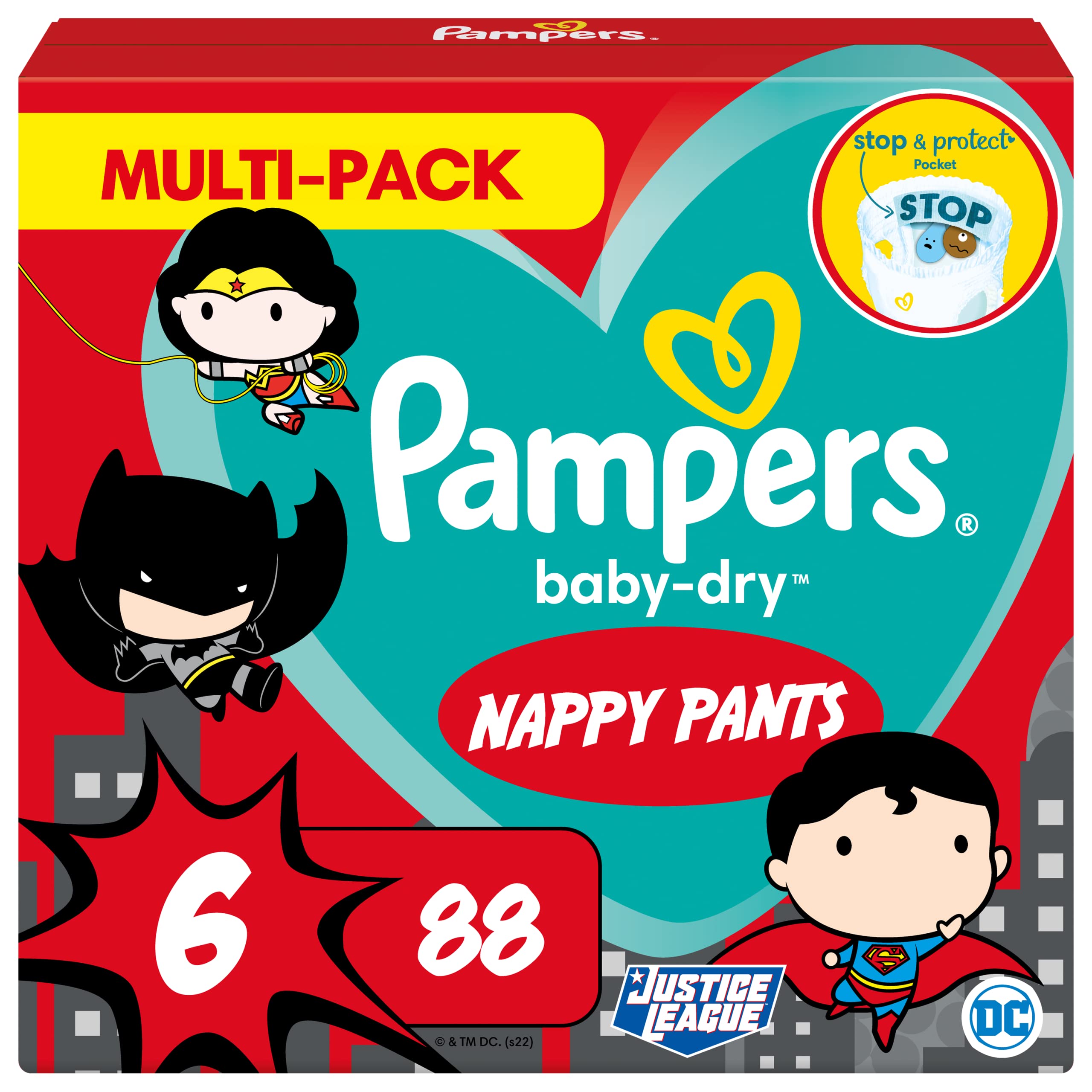 Pampers Baby Nappy Pants Size 6 (15+ kg/33 Lb), Baby-Dry Superhero, 88 Nappies, MONTHLY SAVINGS PACK, With A Stop & Protect Pocket