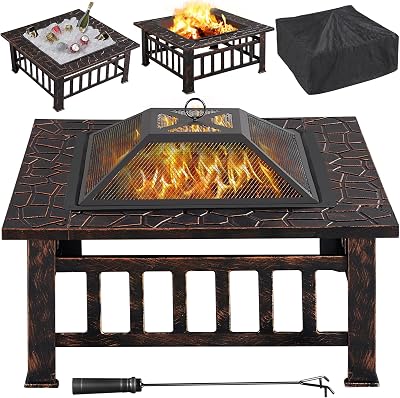 Yaheetech Outdoor Fire Pit 81cm Square 3-in-1 with Cover and Poker Copper
