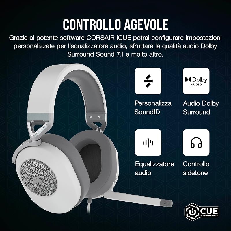 HS65 SURROUND Cuffie Gaming Cablate 7.1 Multipiattaforma – Bianco