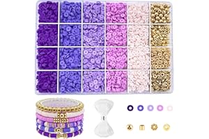LLCHUNYUN 4280PCS Purple Clay Beads for Bracelets Making 6mm Purple Heishi Beads Flat Round Polymer Clay Beads Gold Spacer Beads Frendship Bracelets Beads Kit for Adults with Crystal Elastic Cord (Purple)