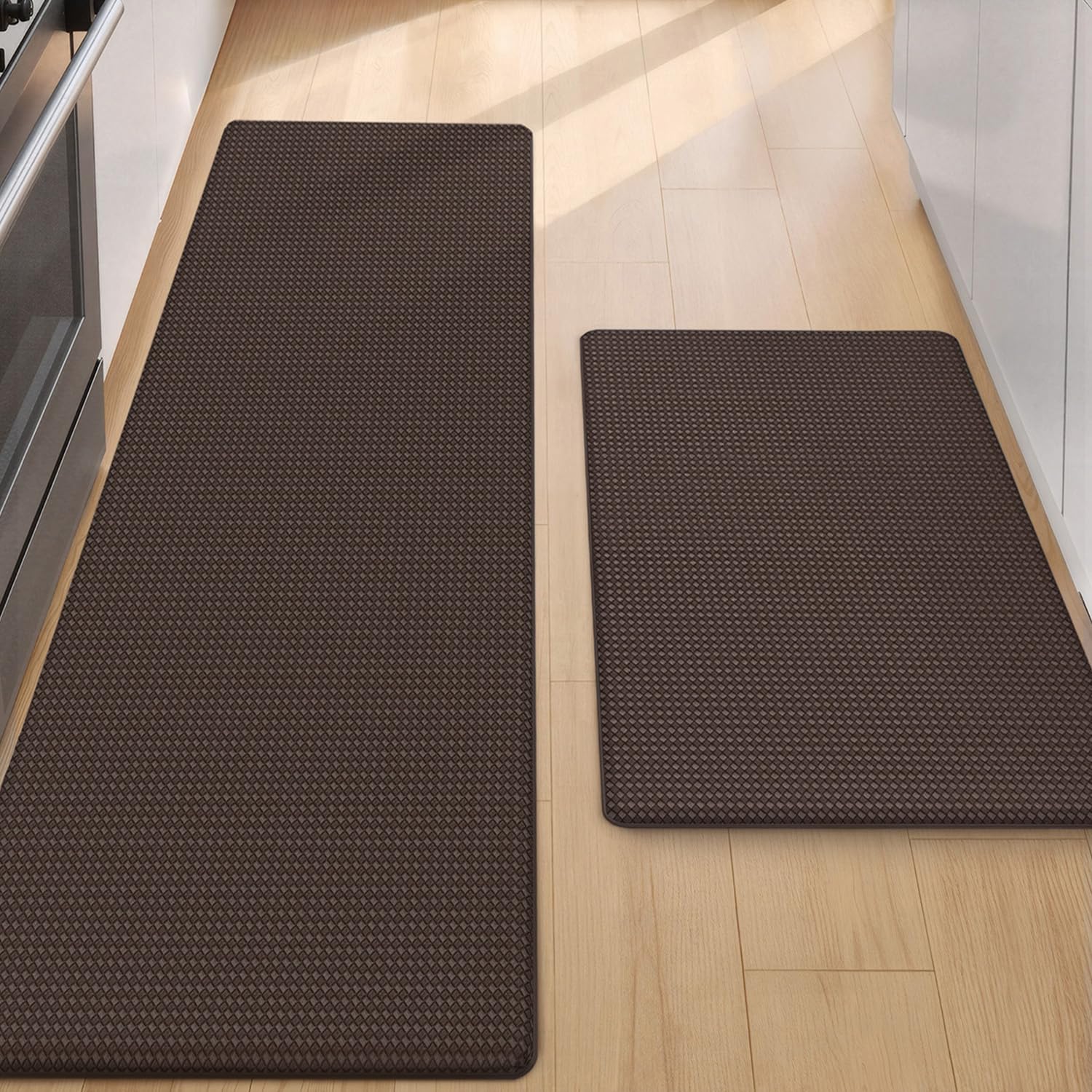 Color G 2 Piece Kitchen Mats Rug Set, Anti Fatigue Standing Mat Area Rugs Waterproof Leather, Non-slip, Oil Resistant Floor Mats for Kitchen, Office (44 x 75 cm + 44 x 150 cm, Brown)