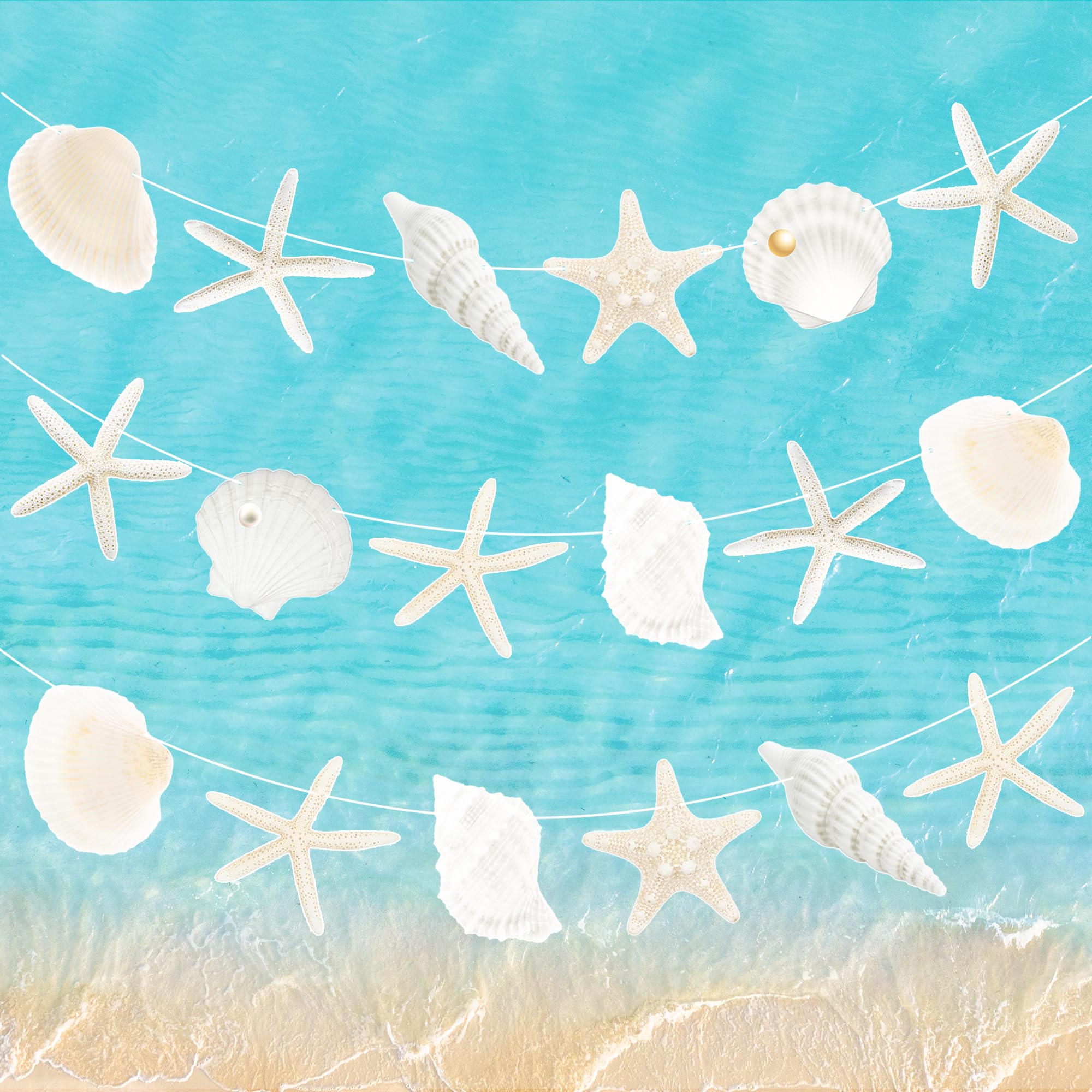 Photo 1 of Starfish Seashell Party Banners Beach Seashell Birthday Decorations 3PCS Ocean Coastal Nautical Party Banners Starfish Cutouts Hanging Banner Supplies for Under The Sea Mermaid Wedding Decor