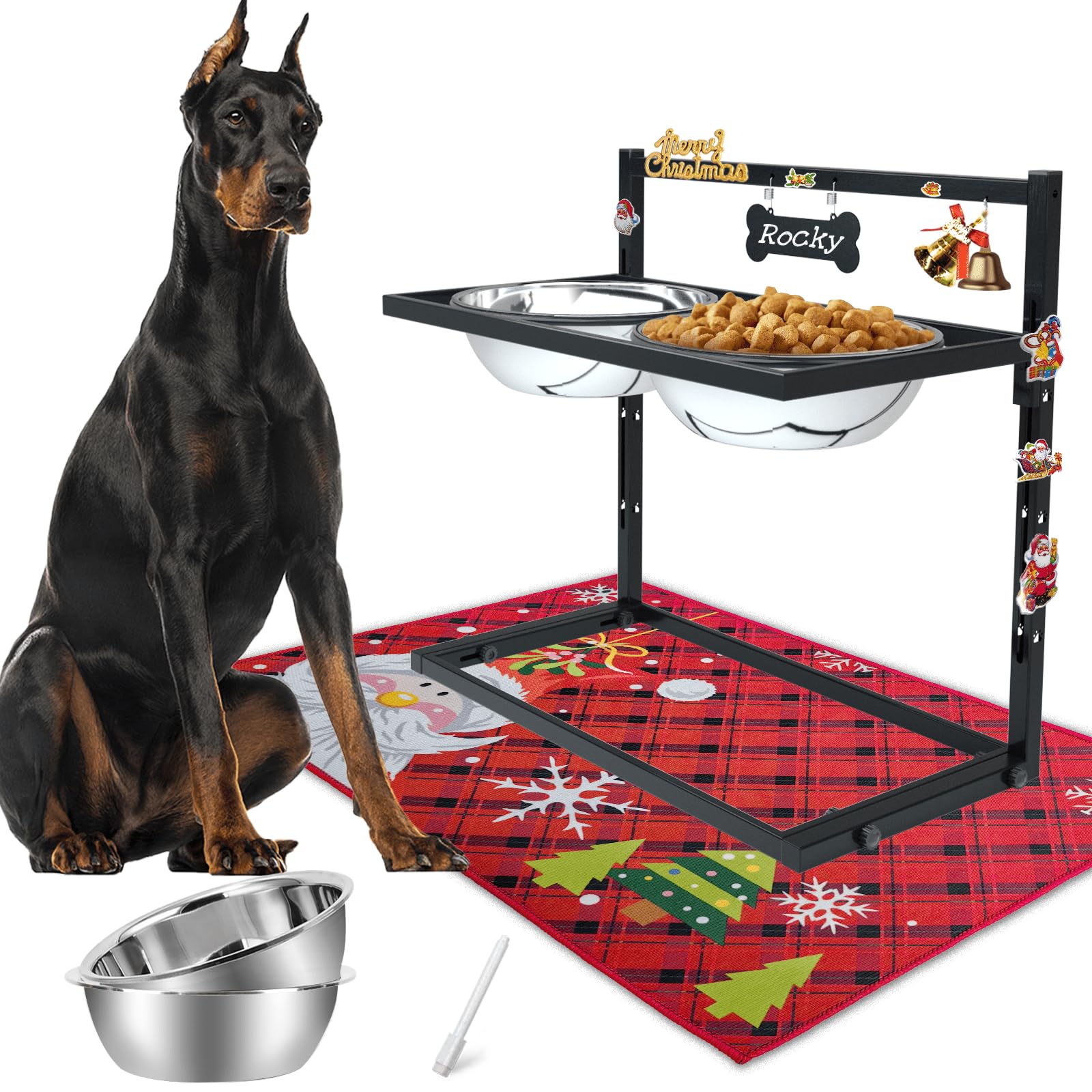 SHAINFUN Christmas Elevated Dog Bowls for Large Breeds with Mat, Adjustable Height, Tall Raised Dog Food Water Bowl Stand Gift for Dogs Image